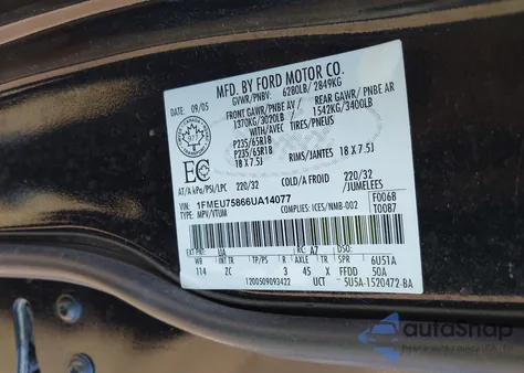 2006 Ford Explorer Limited z USA, uszkodzony, nr VIN 1FMEU75866UA14077